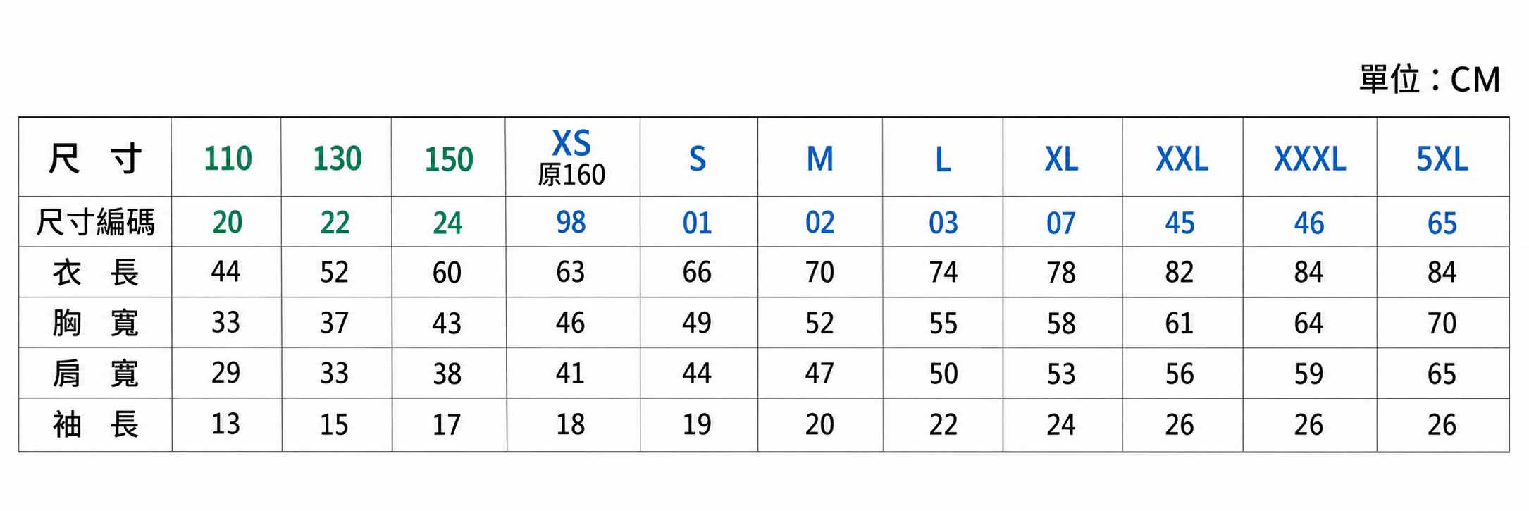 日本天竺純棉圓領班服T恤 尺寸表,童裝110到成人5XL