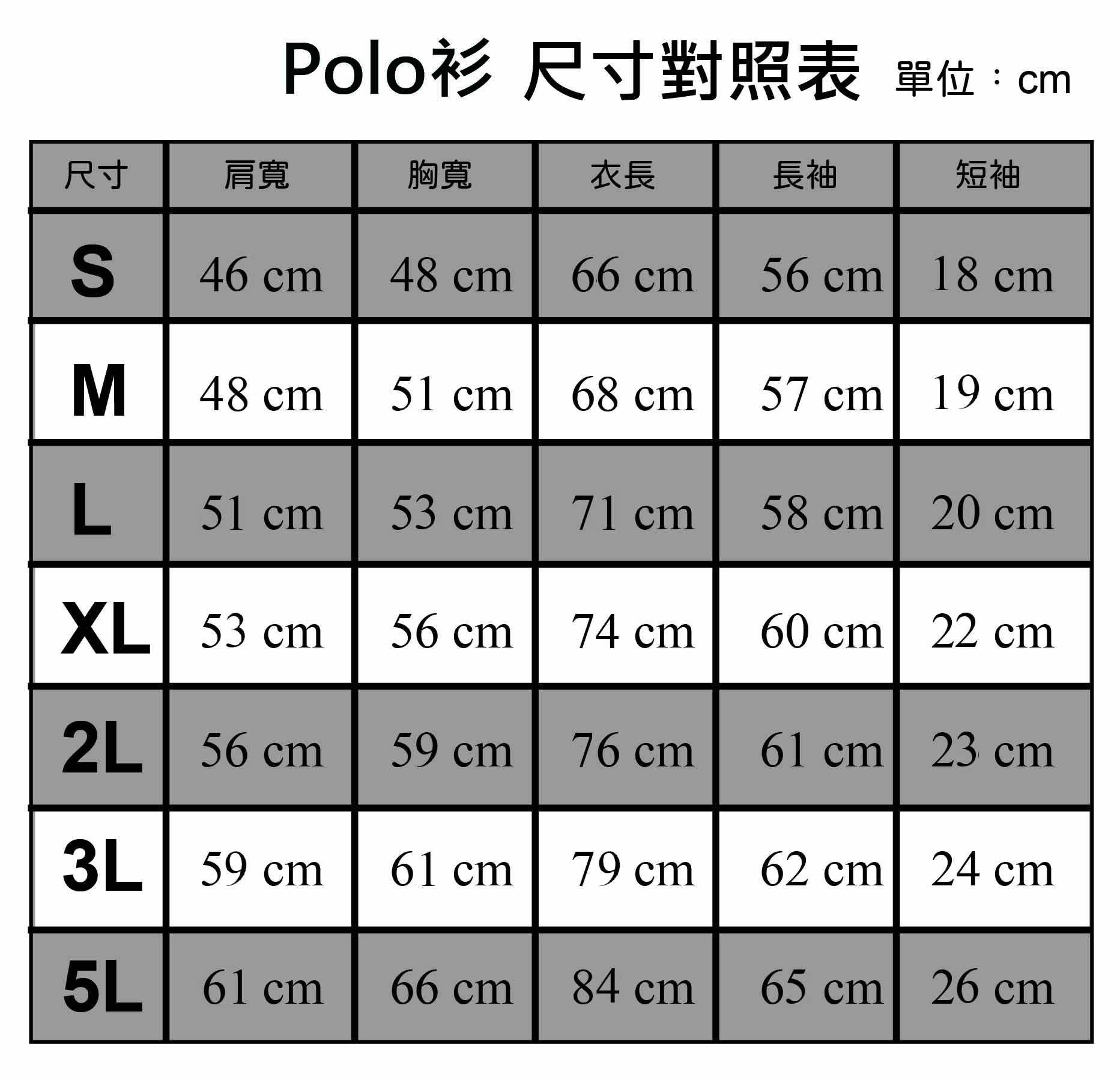 台灣高爾布排汗Polo衫 T3587 尺寸對照表